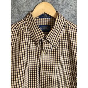 Pendleton Shirt Mens Large Yellow Blue Plaid Broadway Cloth Wrinkle Resistant